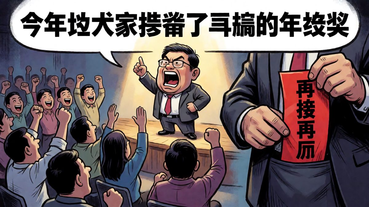 老板宣布丰厚年终奖，员工们激动万分，结果年终奖是老板手写的一张'再接再厉'红纸。