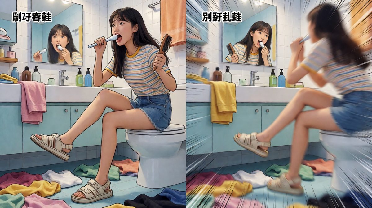 疯狂洗漱穿衣，场面一片混乱。