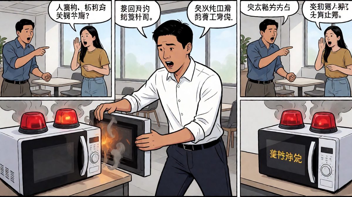 烟雾报警器响了，主角手忙脚乱想关上却关不掉。
