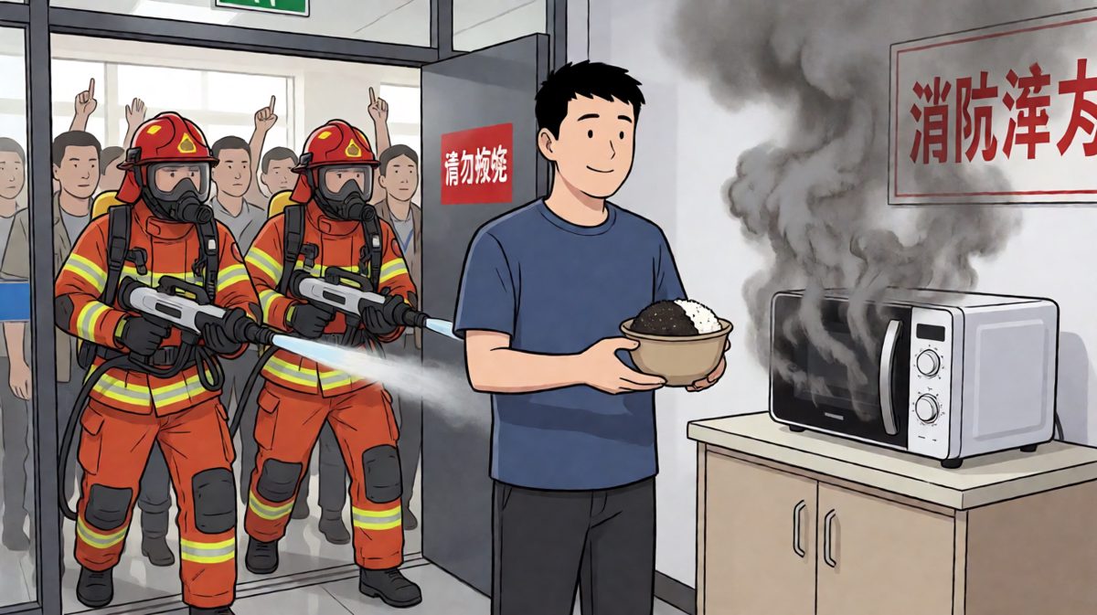 消防员赶到，主角端着一碗黑饭与消防员面面相觑，尴尬到极点。