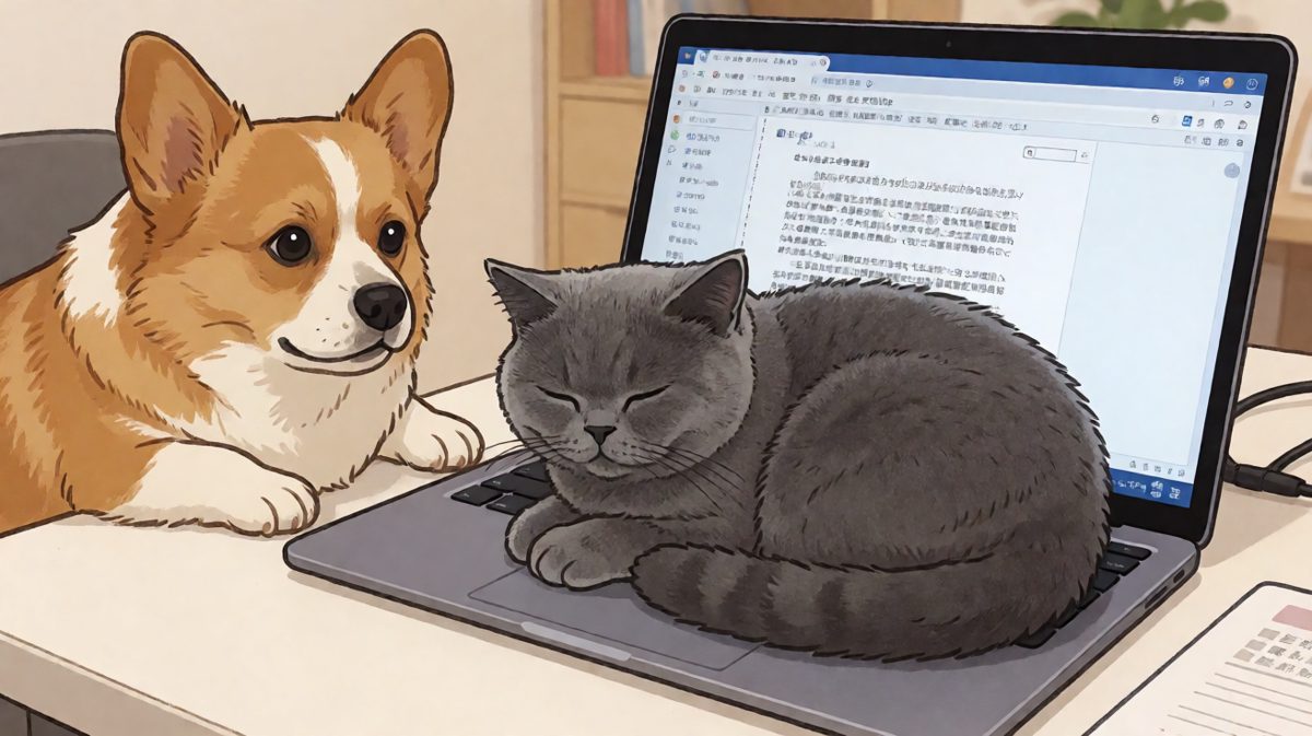 猫：这键盘是我选中的地盘。狗：那我呢？猫：你有你的手啊。