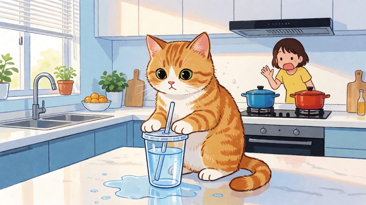这只猫推杯子的动作仿佛在说：我先跳为敬！