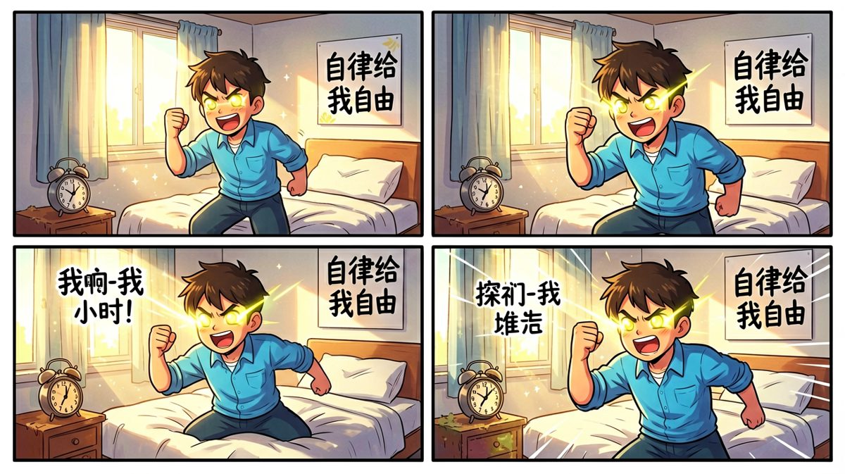 闹钟响起，主角雄心万丈地跃起，决心改变人生