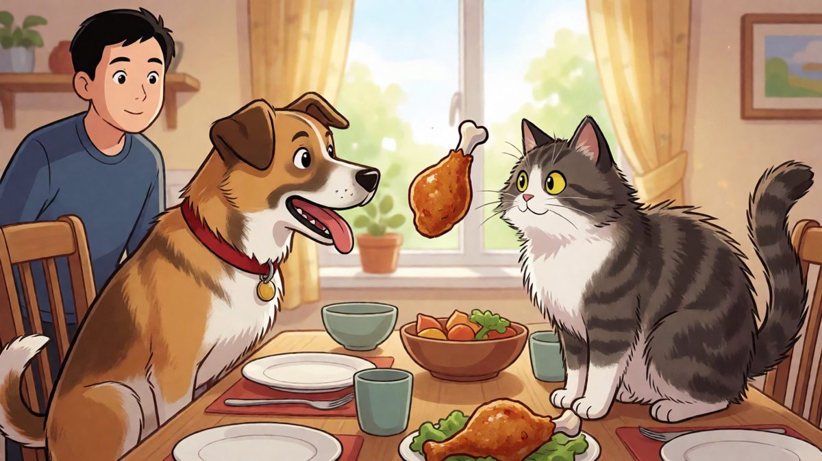 猫狗大战：这根鸡腿绝对是我的！