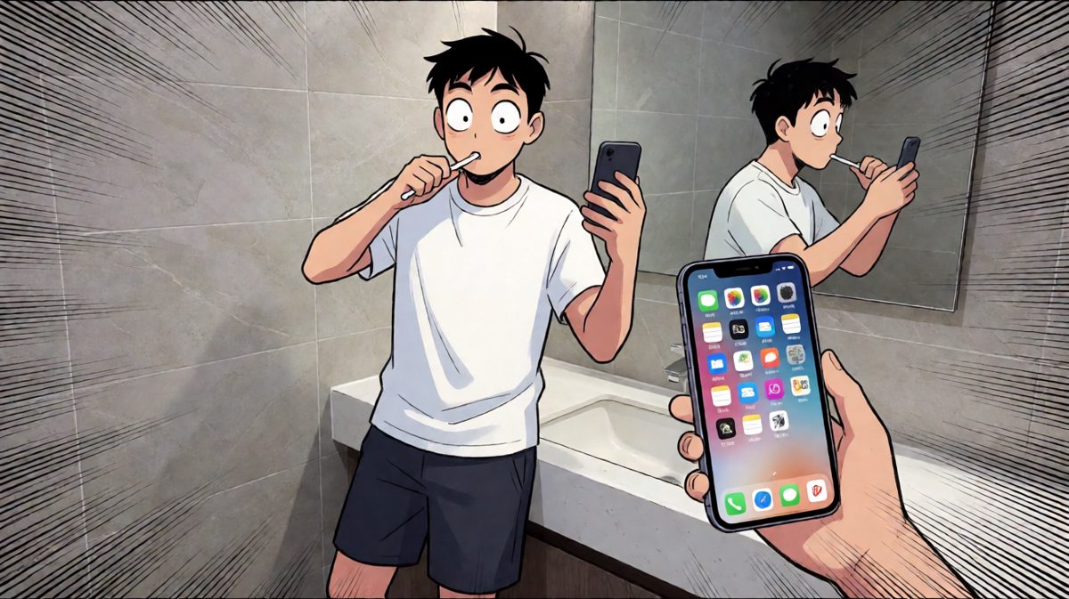 刷牙看手机，脚底打滑