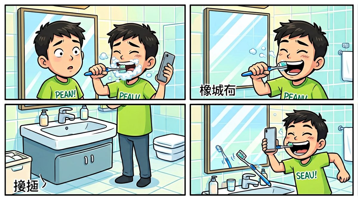 刷牙分心看手机，牙刷当场阵亡，镜子里的自己一脸懵。
