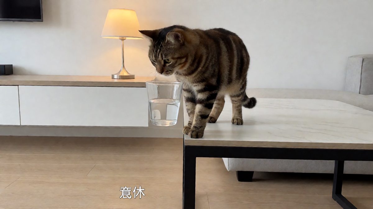 猫：我就看看，水会不会自己跳回杯子里。