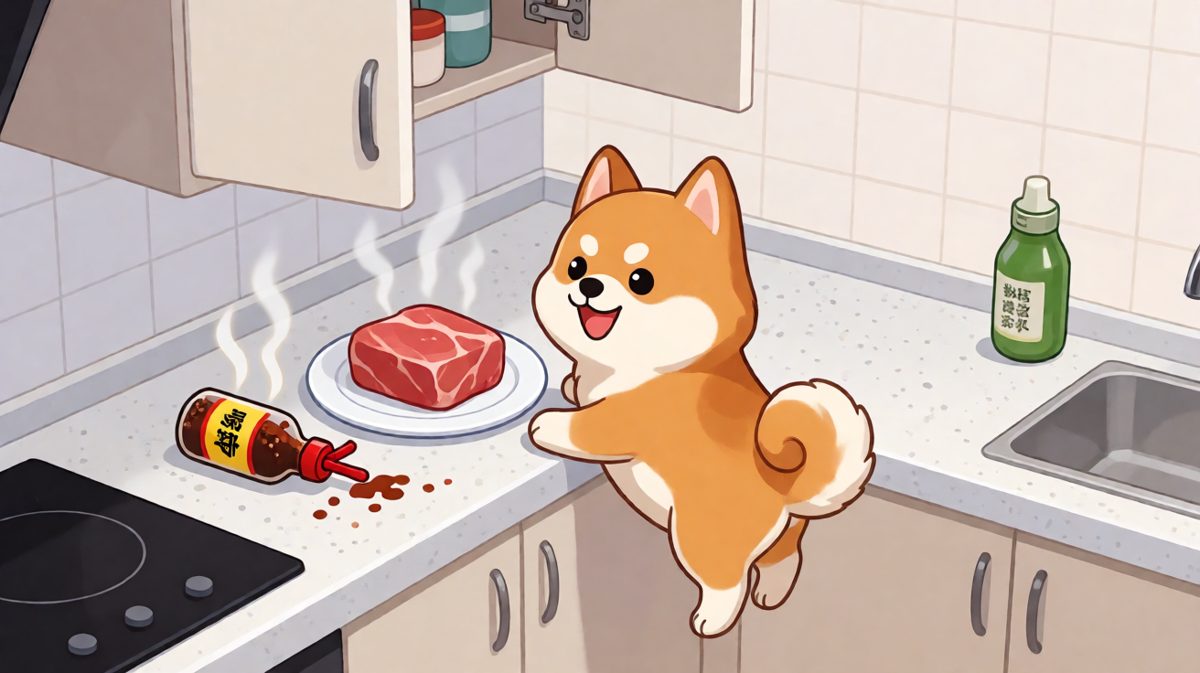 柴犬偷吃被抓包，一脸心虚