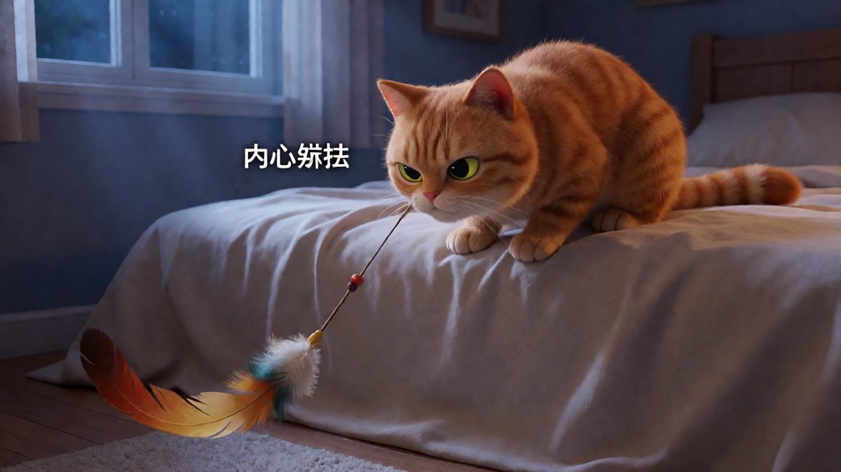 狸花猫对峙逗猫棒，尾巴叛逃