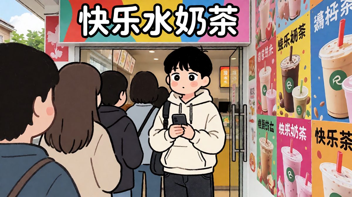 社恐少年紧张地排队等待买奶茶