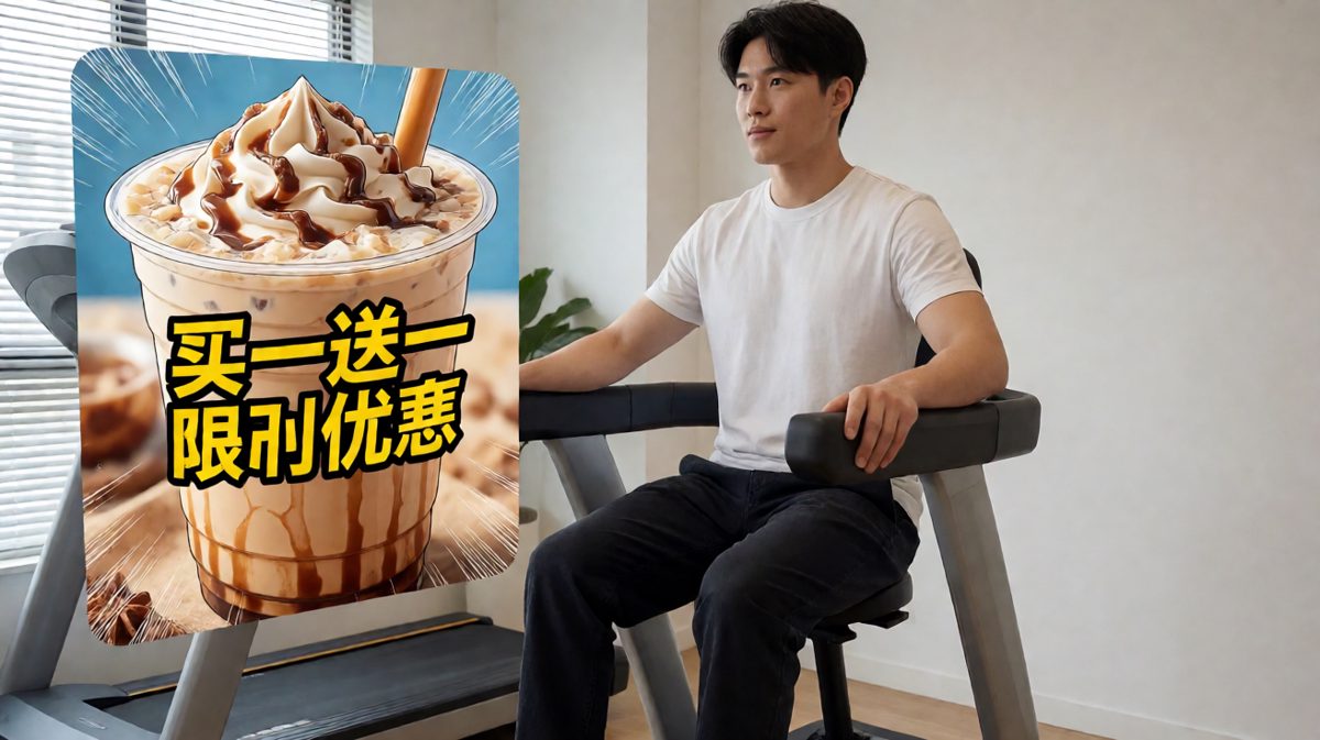 第二格：跑步时手机弹出奶茶优惠广告，减肥意志开始动摇。