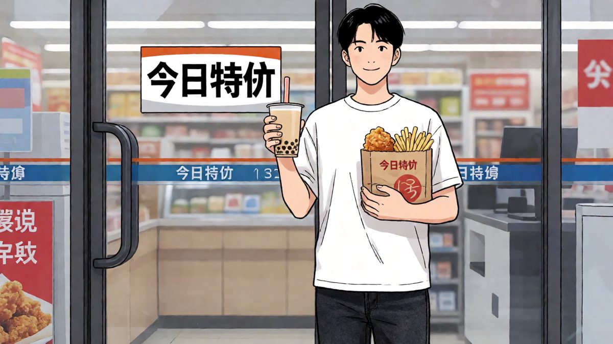 第三格：主人公说服自己'偶尔放纵一下'，顺手买了炸鸡奶茶全套。