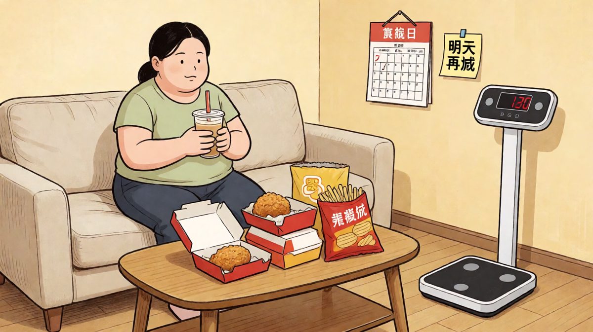 第四格：减肥第一天结束，体重不降反升，但明天的事明天再说吧。