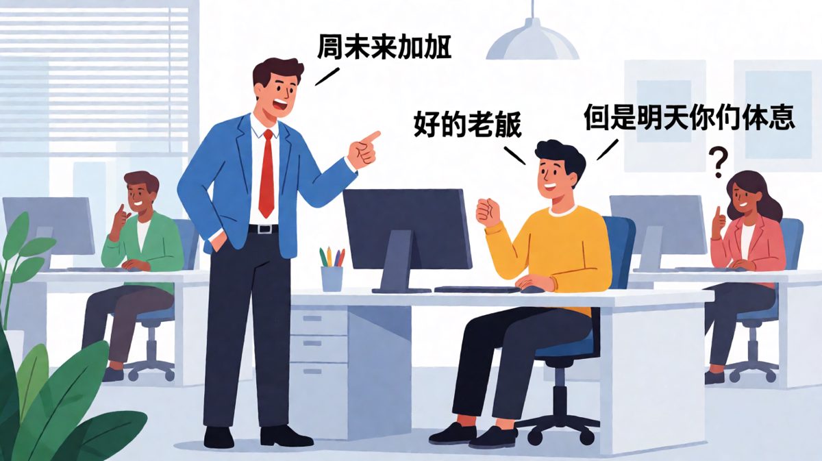 老板：周末来加班！员工：好的老板~ 老板：明天休息！员工：……好的老板