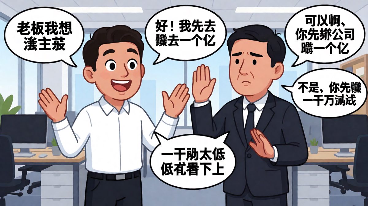 员工想涨工资，老板让先赚一个亿，员工说要去赚一亿，老板懵了：不是让你先赚一千万试试？