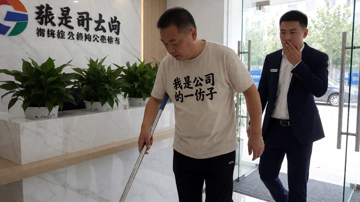 小王震惊：'老板，您怎么在拖地？！'张总头也不抬：'锻炼身体。'小王：'那我来吧！'反转：张总：'不用，这是我今天的KPI。'小王：'什么KPI？'张总：'拖干净地面，奖励自己一杯奶茶。'