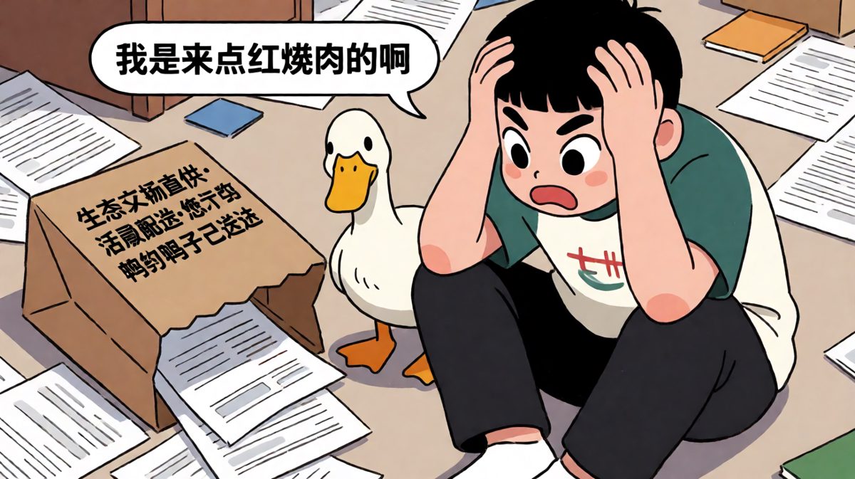 第4格：原来点的是活鸭……我是来点红烧肉的啊！