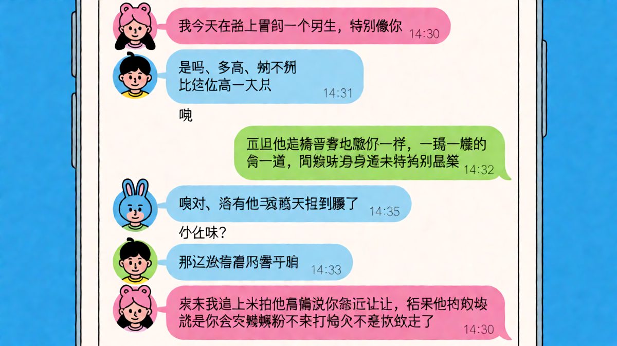 女生煞有介事地描述一个像男生的路人，最后反转成她其实在暗戳戳夸他。