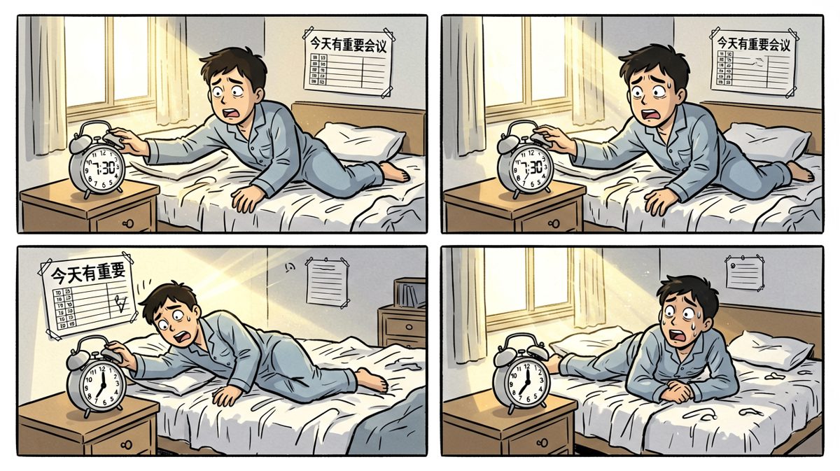 闹钟响了，主角惊恐发现起晚了