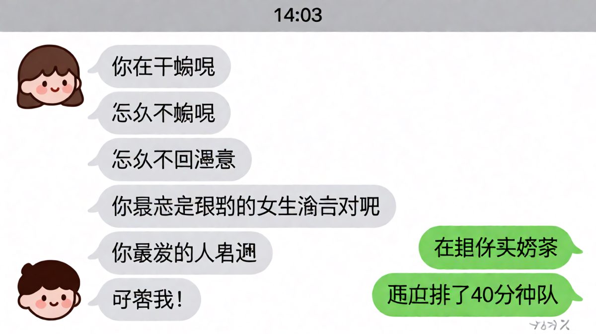 女生疯狂追问，男生只在默默排队买奶茶