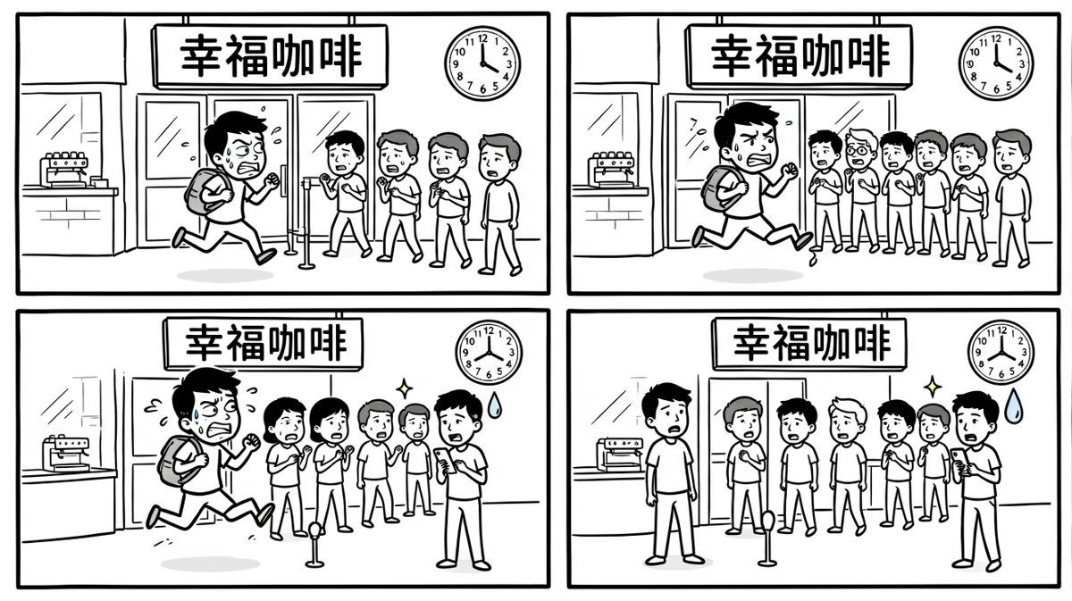 到咖啡店才发现排起了长队
