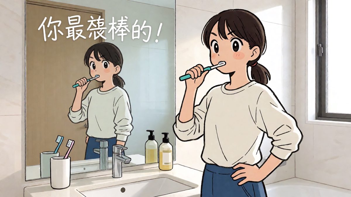 洗漱完毕，对着镜子给自己打满鸡血，士气高涨！