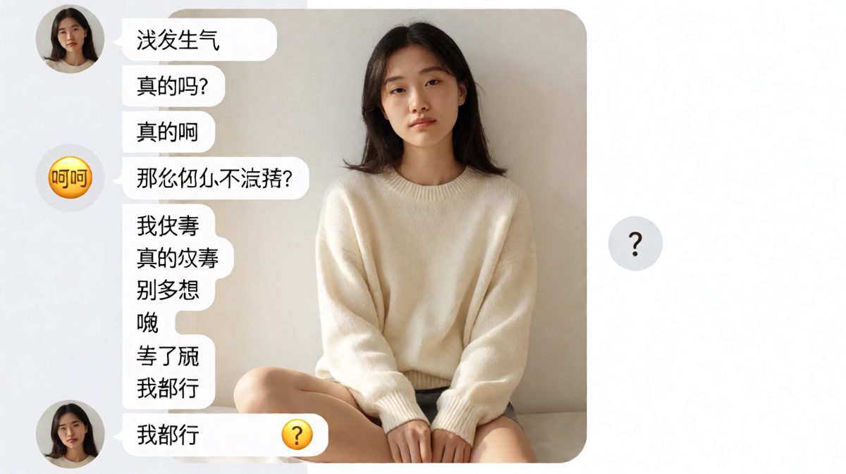 女生连发七条消息证明"没事"，男生只能默默输出一个问号