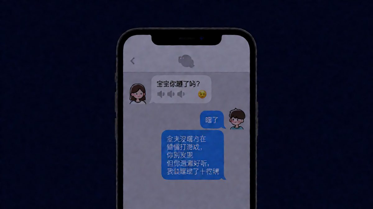 女：睡了吗？男：睡了。女：发语音。男：其实没睡，在听你语音十分钟。