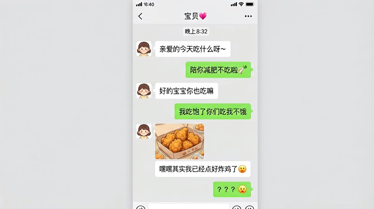 陪减肥的宣言 vs 已经吃上炸鸡的现实，男友的反转让人无言以对。