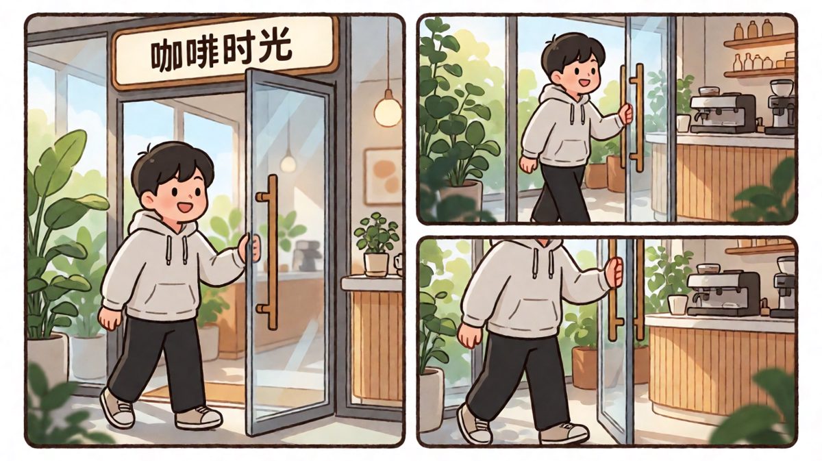 自信满满走进咖啡店