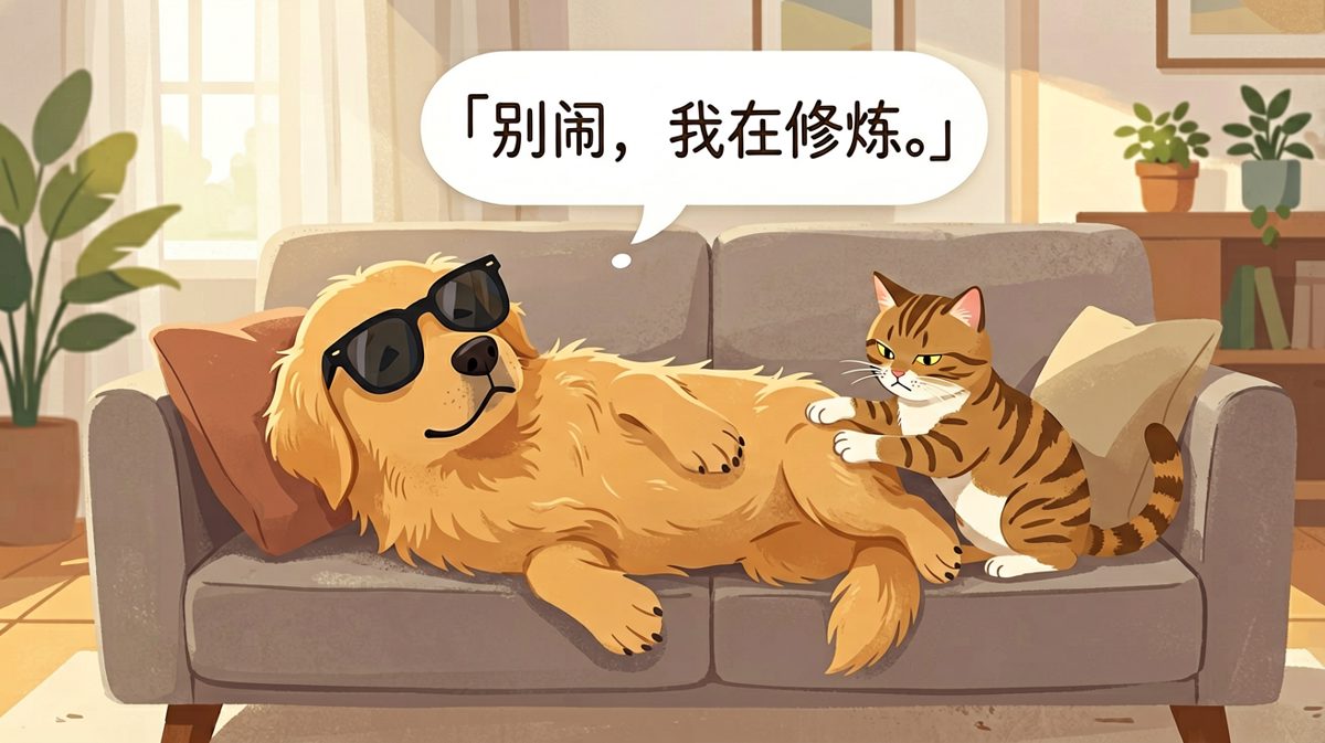 金毛的摆烂哲学：只要我不动，烦恼就追不上我。