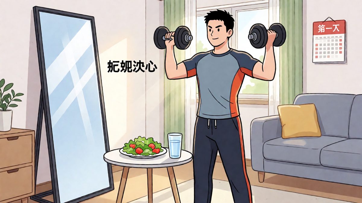 立下减肥flag的第一天，主角充满斗志。