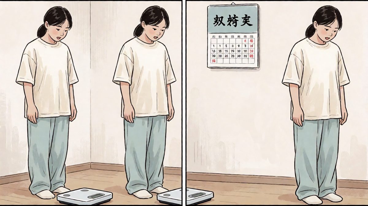 第一格：盯着体重秤上的数字，主角咬牙切齿立下减肥誓言