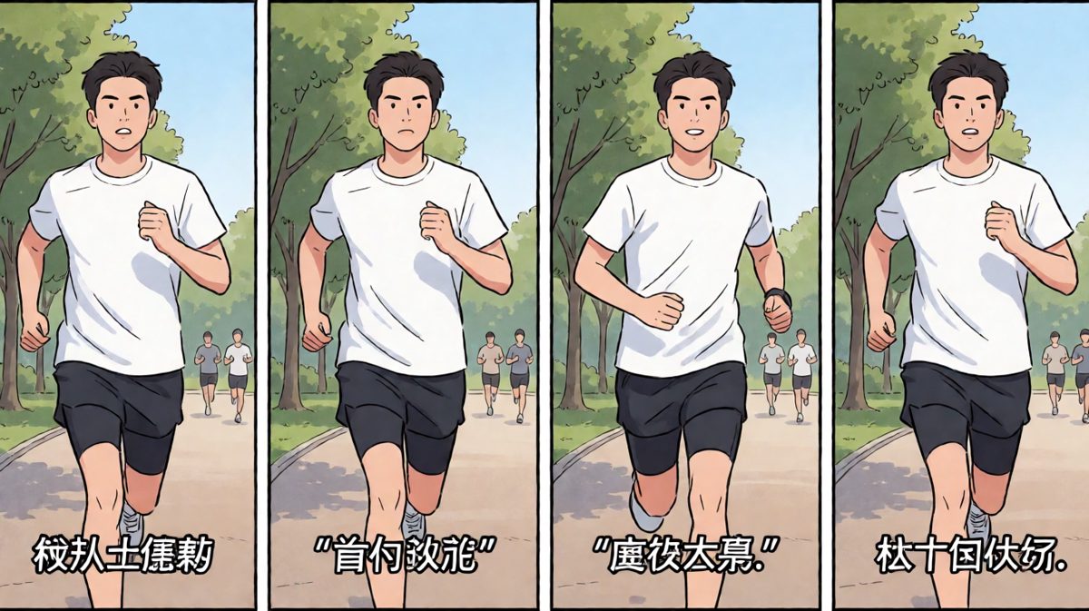 第二格：主角努力跑步锻炼，挥汗如雨决心满满
