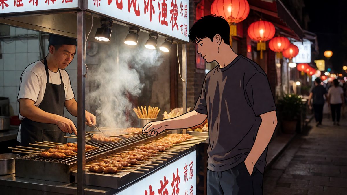 第三格：刚跑完步就碰到烧烤摊，吃货本能瞬间觉醒