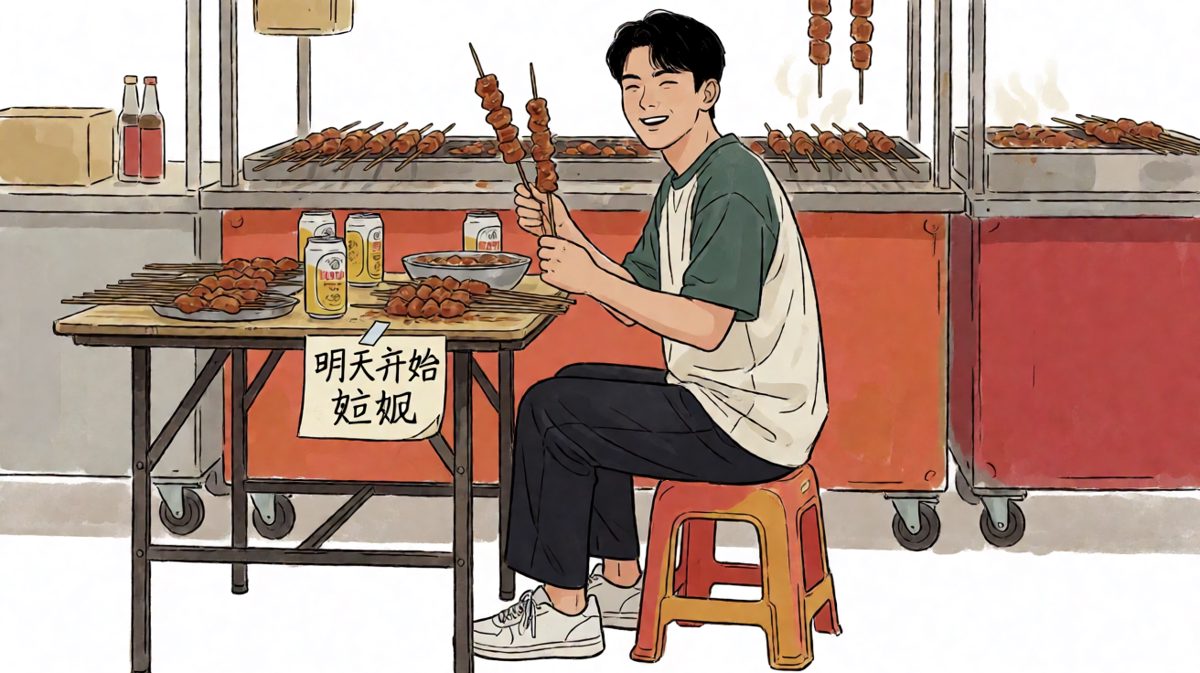 第四格：一边吃一边在纸上写"明天开始减肥"，Flag当场立住又当场倒