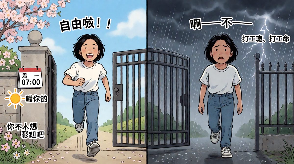 第六张：周五的快乐是真实的，周一的痛苦也是真实的。