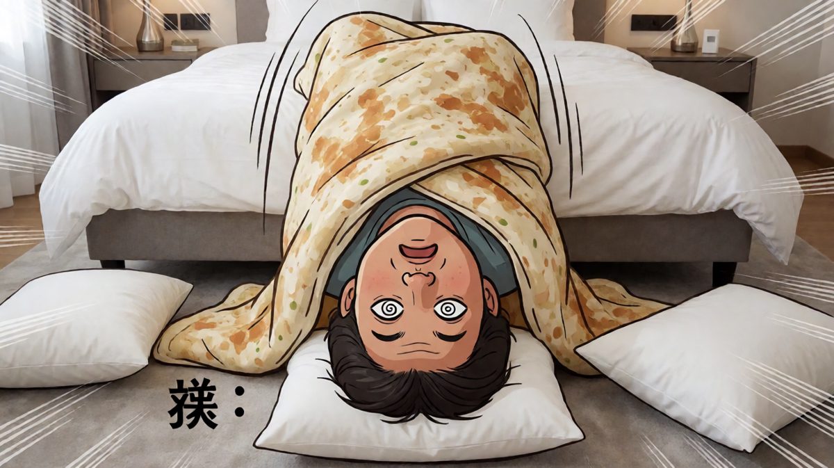 被子太滑防御过猛，主角直接滚下床，彻底战败