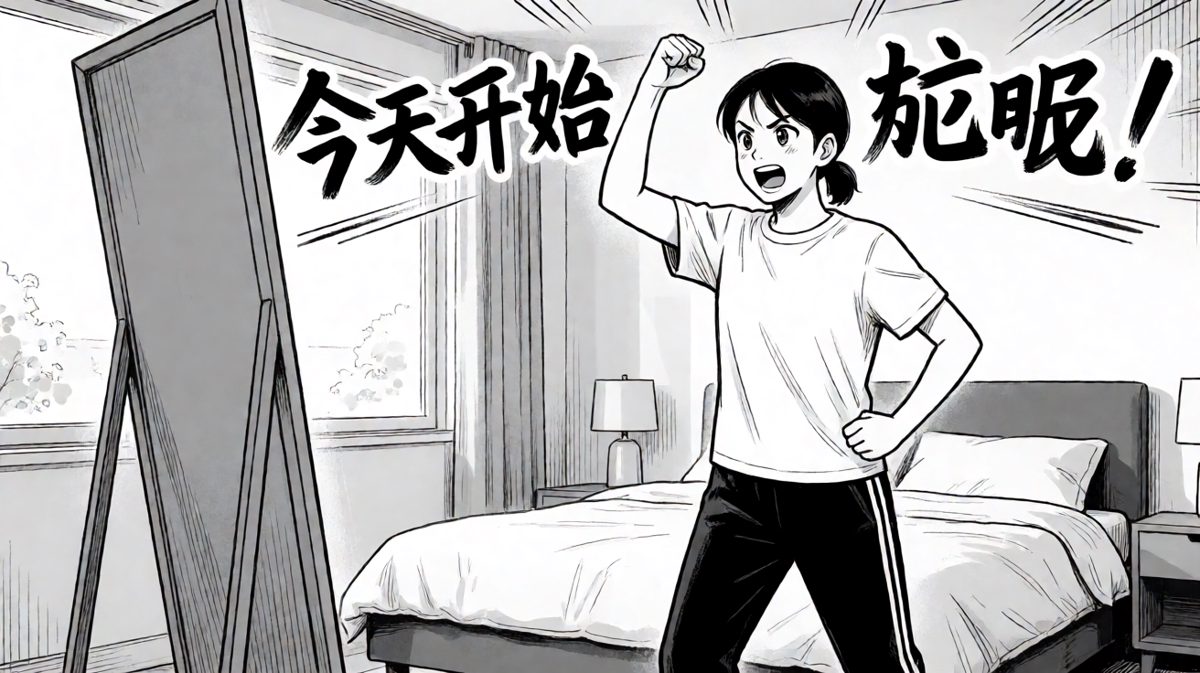 早晨，主角雄心壮志立下减肥誓言。