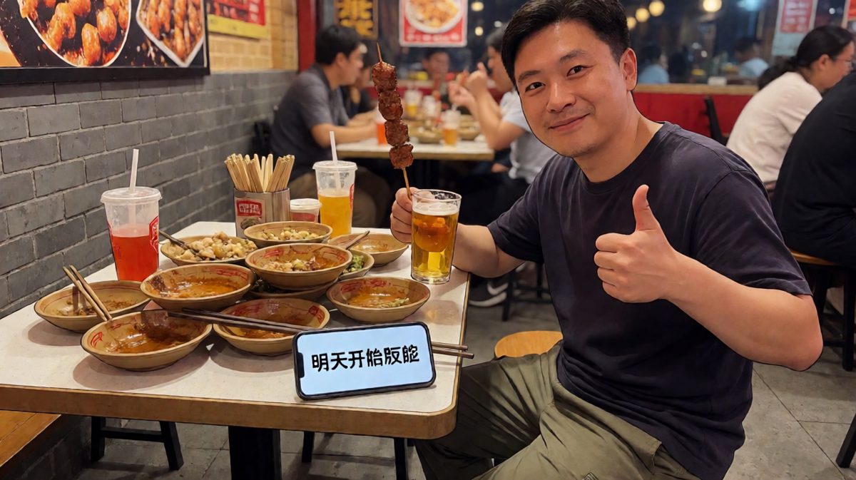 当天晚上，主角在烤肉店大快朵颐，立flag等明天再减。