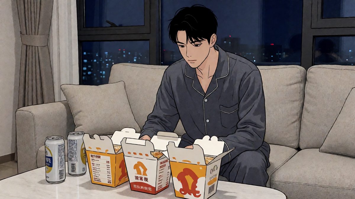 第四格：……明天一定自己做早餐。（信他一次？）