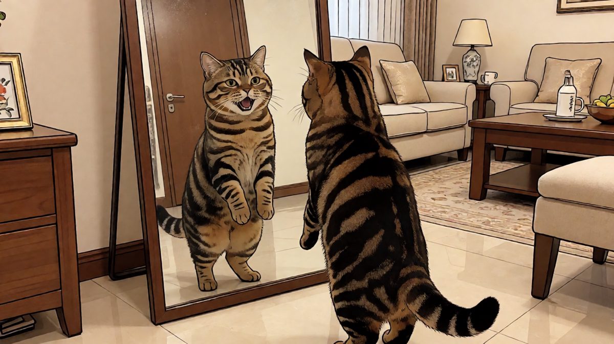 猫咪：这胆大的家伙是谁？镜像猫：就是我，有本事来咬我呀！