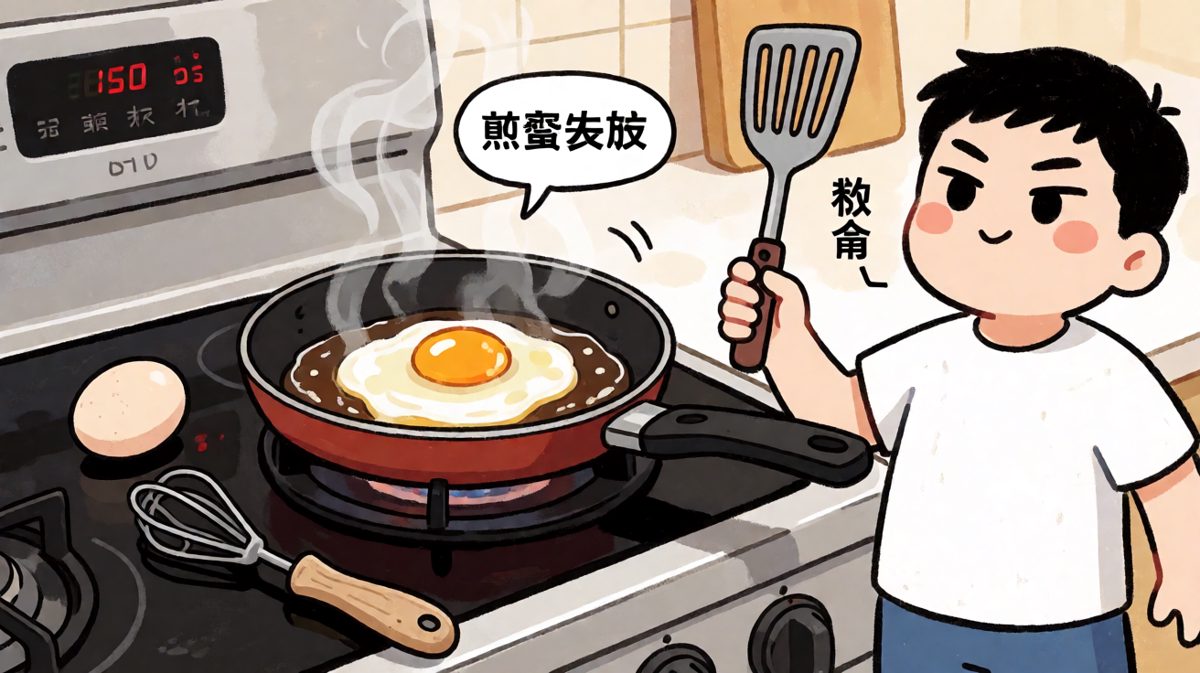 第二格：煎蛋翻车，锅里的蛋已经糊成一团黑炭