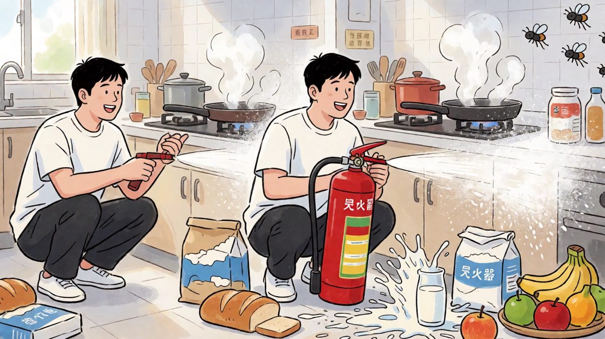 第三格：越描越黑，厨房差点被自己消灭掉