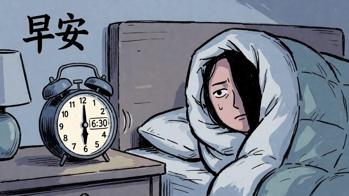 闹钟无情响起，主角挣扎着从被窝中探出头。