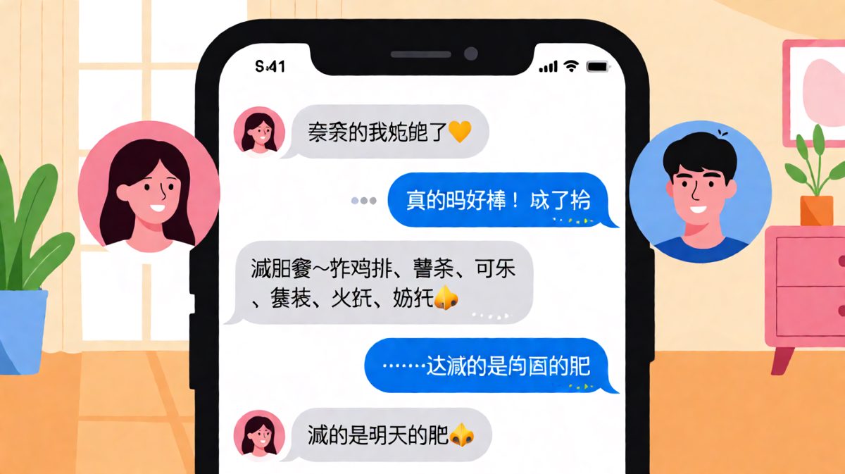 女生说在减肥，结果吃的都是高热量美食，最后来一句「减的是明天的肥」，男生已石化。