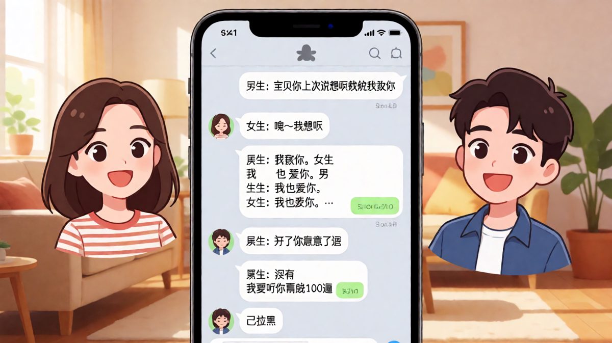 女生让男生说100遍我爱你，男生只说了一遍就被女生不断重复刷屏，最后男生果断拉黑跑路。
