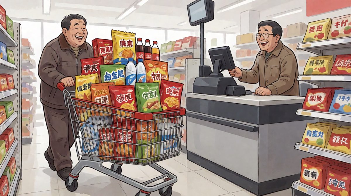 自信满满推着购物车走向收银台