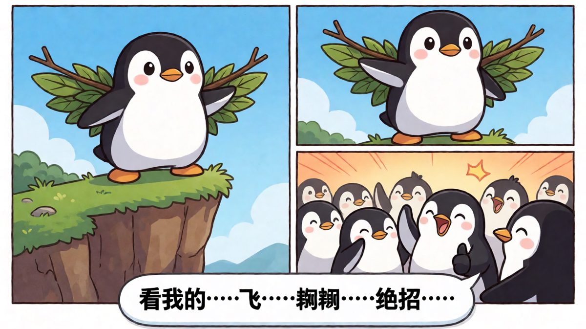 企鹅的飞翔梦从跳崖开始。