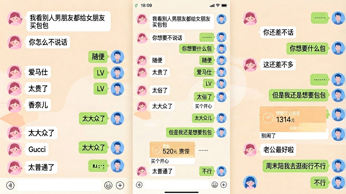 买包包的无底洞，最终以两笔转账收场，而男生想换取周末逛街的陪伴被秒拒。